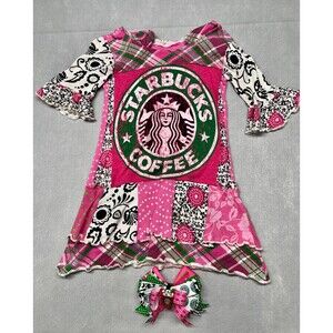 CUSTOM MADE Child's STARBUCKS Dress/Shirt With Custom Matching Bow